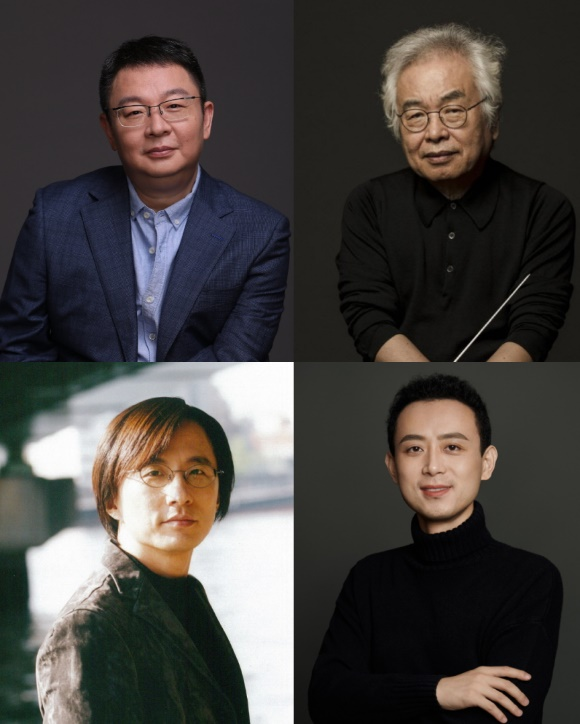 圖為民族交響組曲《東方之光》四位作曲家：趙麟（左上）、樸范勛（右上）、和田熏（左下）、羅麥朔（右下）。澳門中樂團(tuán)供圖